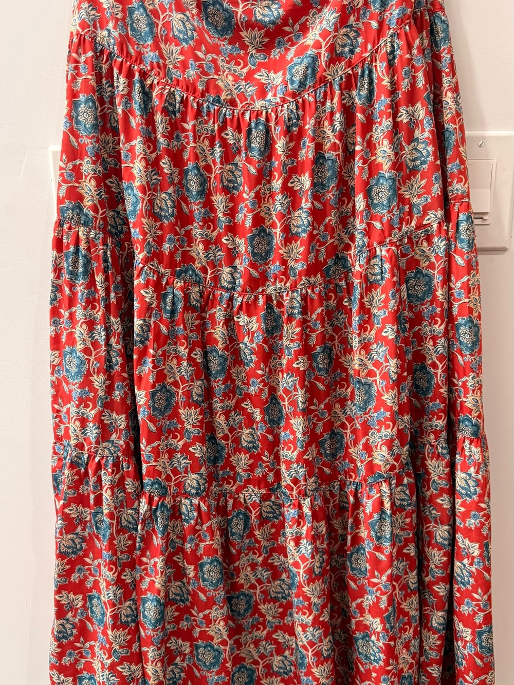 Ralph Lauren Red Floral Tiered Maxi Skirt with Blue and Cream Accents